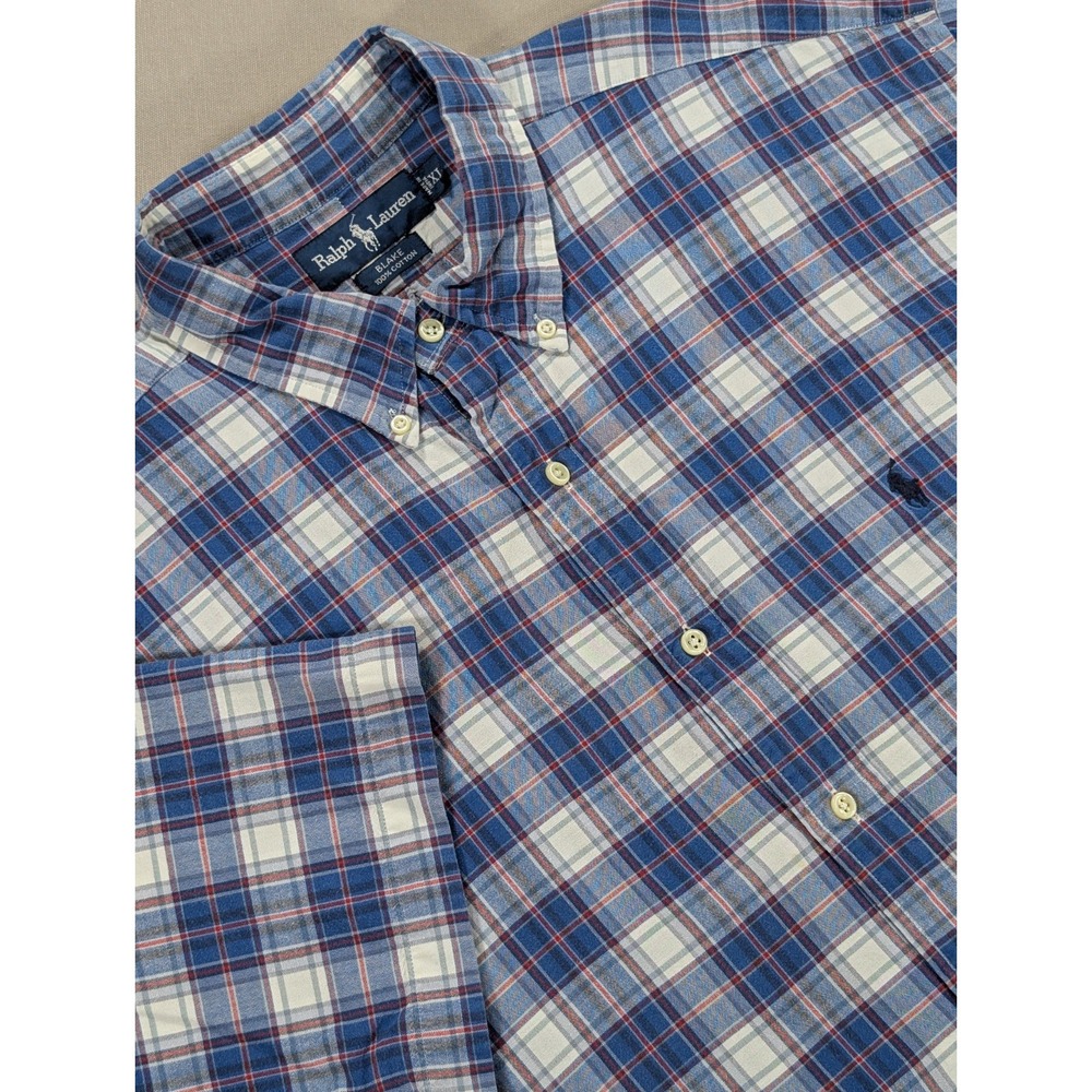 Ralph Lauren Shirt Mens XL Blue White Plaid Short Sleeve Cotton Blake Vintage